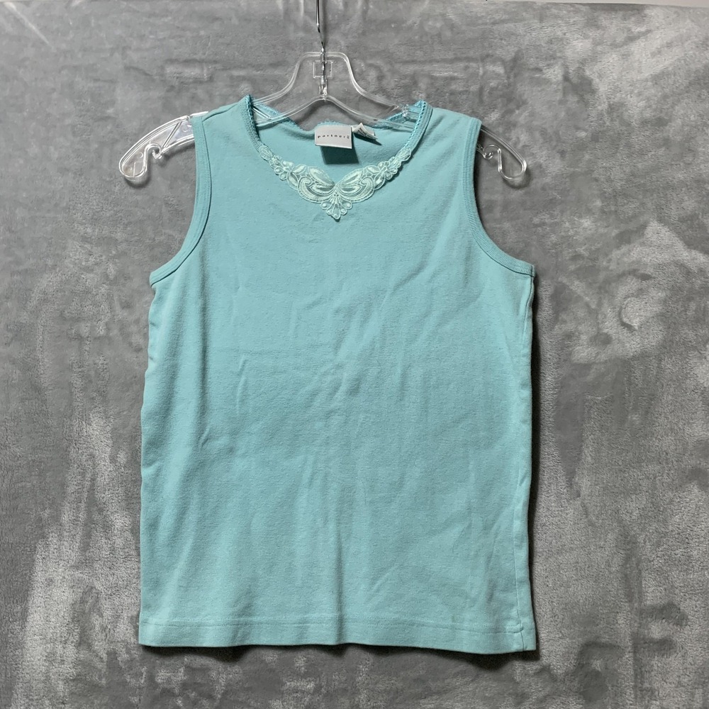 Partners Tank Top Women Small Blue Embroidered Lace Neckline Sleeveless‎ Y2K Vtg